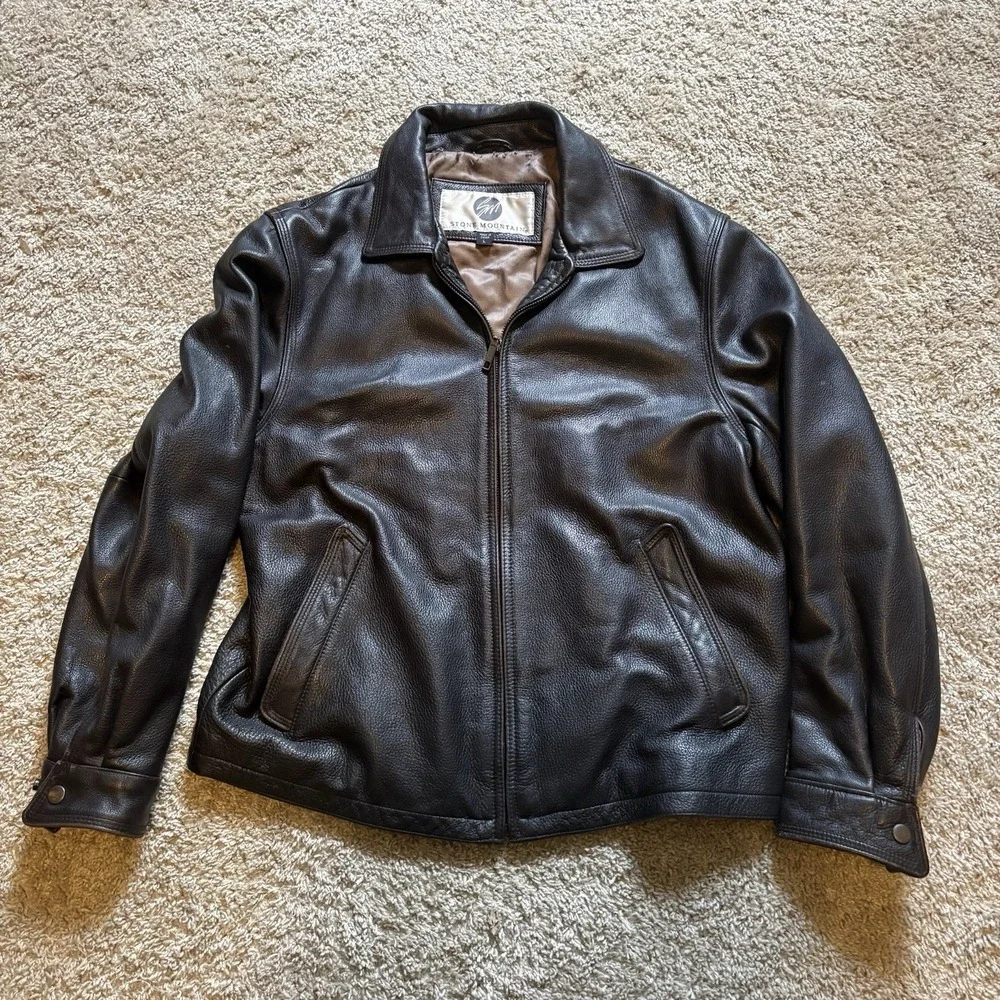 Vintage 90s Stone Mountain Leather Jacket Full Zip Bomber Men's Large Dark Brown